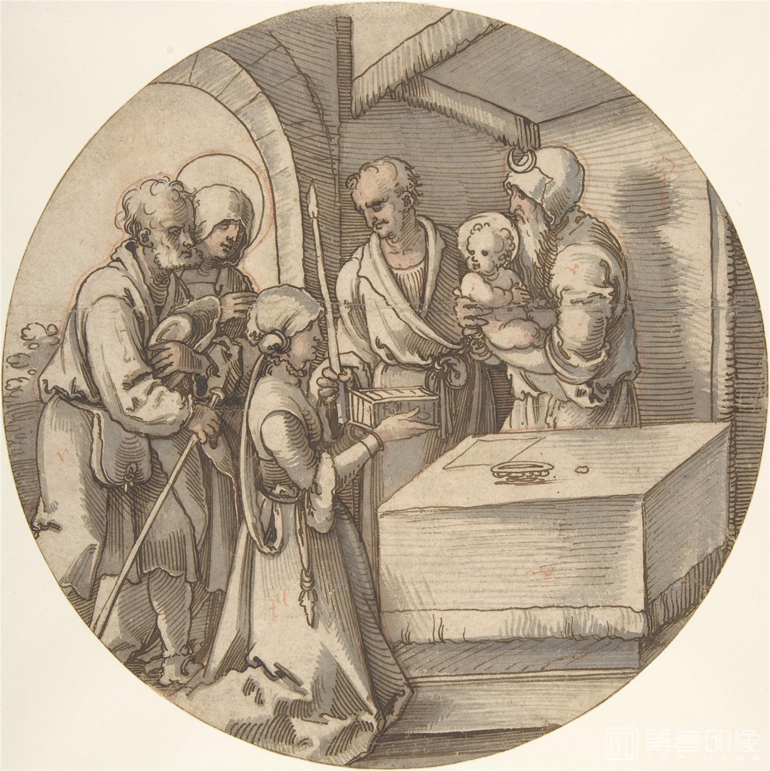 素描-美国纽约大都会美术馆素描藏画-Sebald BehamThe Presentation of the Infant Jesus in the Temple-1521